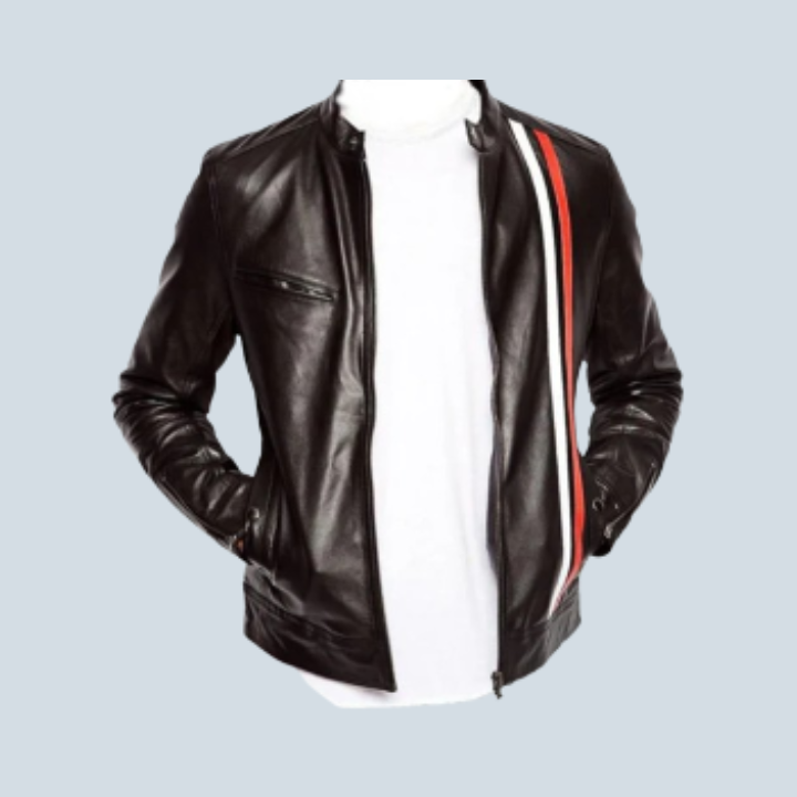 Alvin York Moto Black Leather Jacket With Stripes