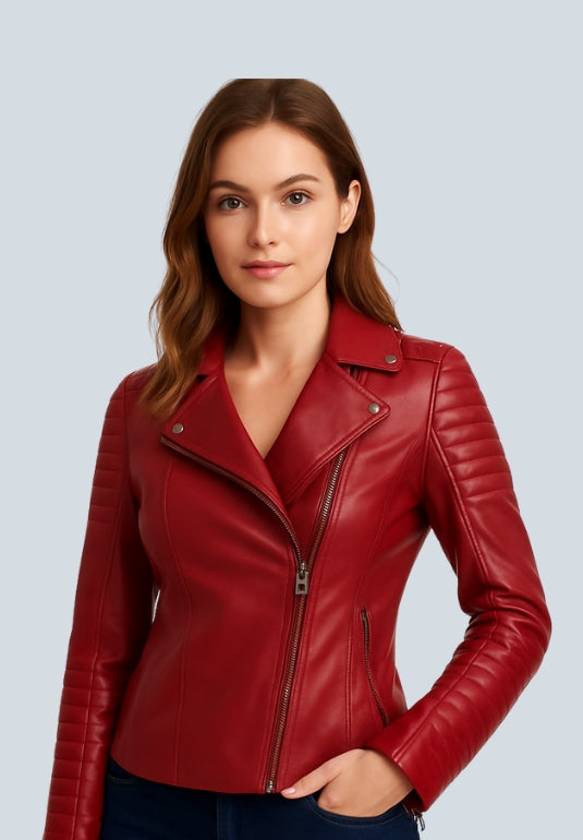 Ashley Red Biker Leather Jacket