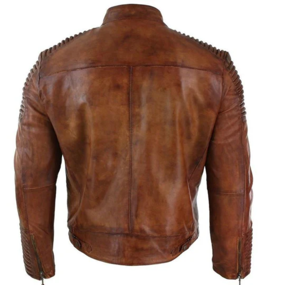Beckham Cafe Racer Distressed Brown Leather Jacket With Piping