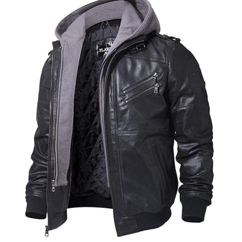 Colin Black Leather Jacket with Hoodie