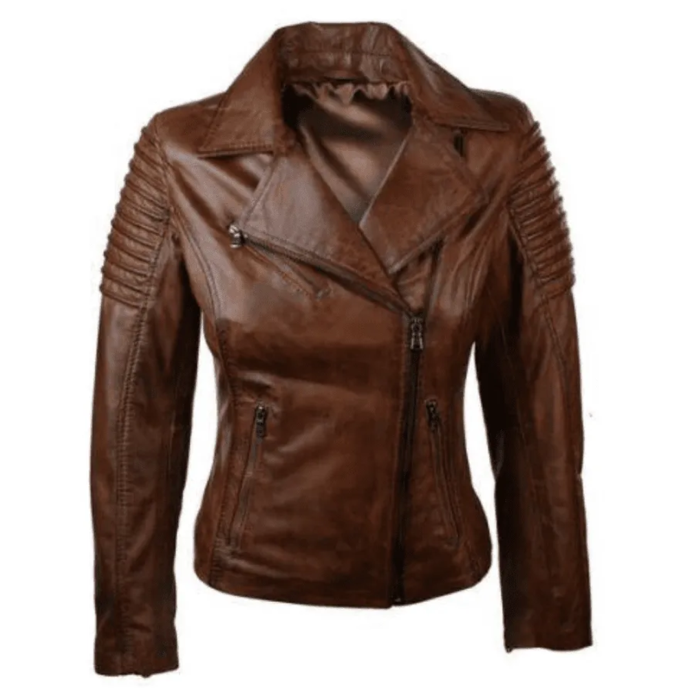 Elliora Distressed Biker Brown Leather Jacket with Piping