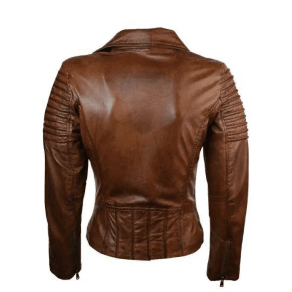 Elliora Distressed Biker Brown Leather Jacket with Piping