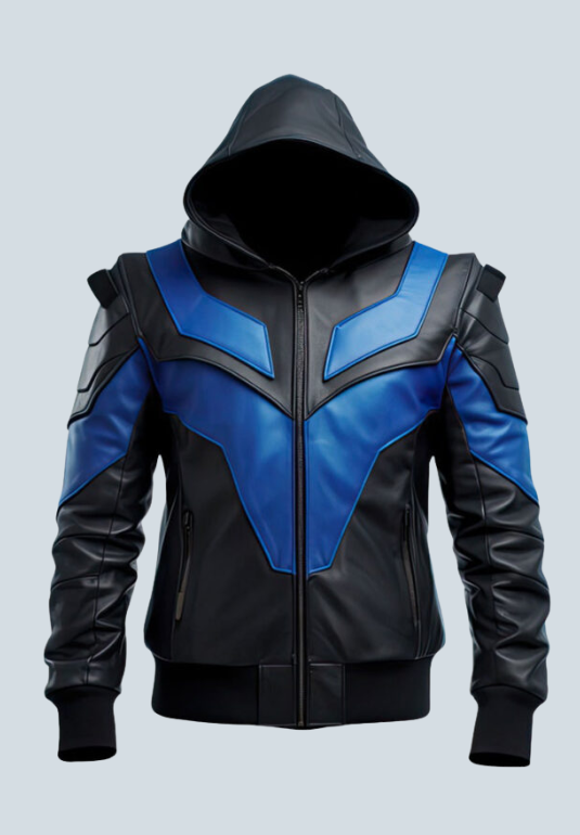 Hugh Hefner Black And Blue Hooded Leather Jacket