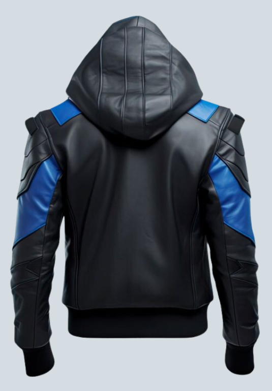 Hugh Hefner Black And Blue Hooded Leather Jacket