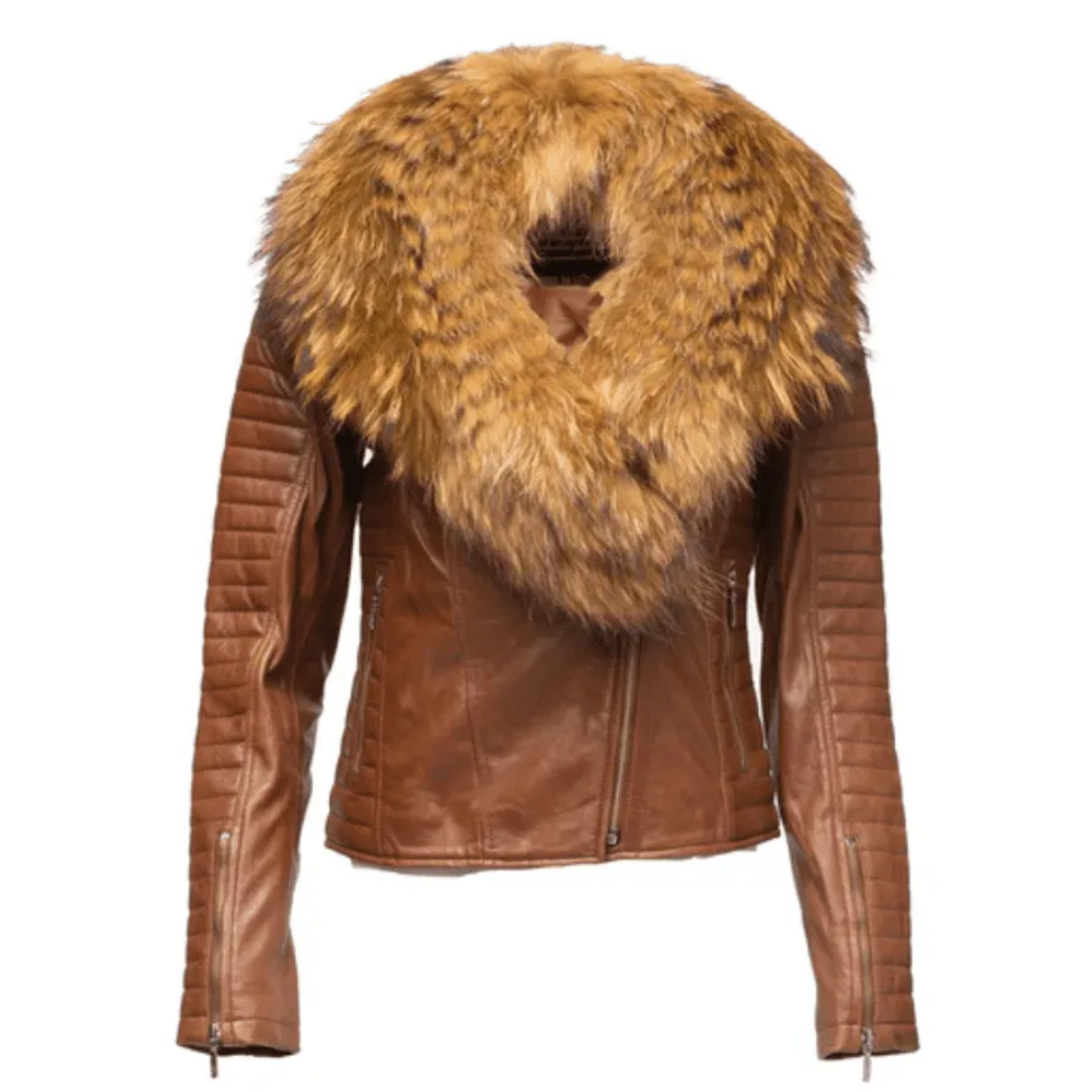 Marigold Fur Shawl Brown leather Jacket With Ribbed Sleeve