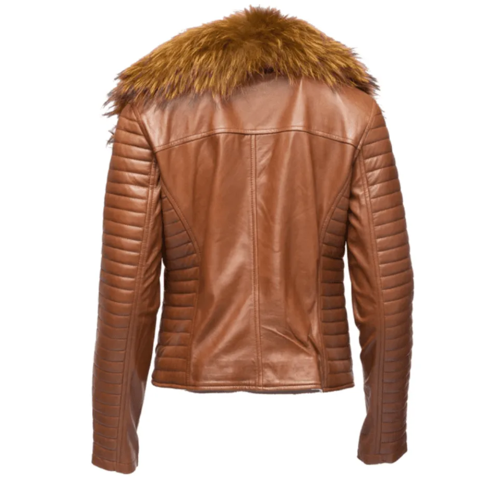 Marigold Fur Shawl Brown leather Jacket With Ribbed Sleeve