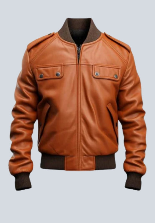 Men's Tan Strap Pocket Bomber Leather Jacket