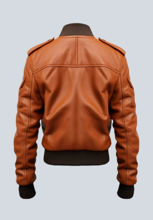 Men's Tan Strap Pocket Bomber Leather Jacket