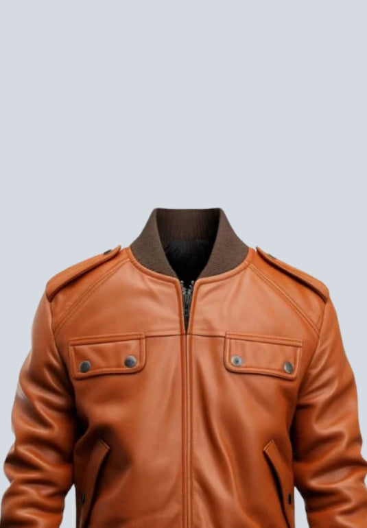Men's Tan Strap Pocket Bomber Leather Jacket