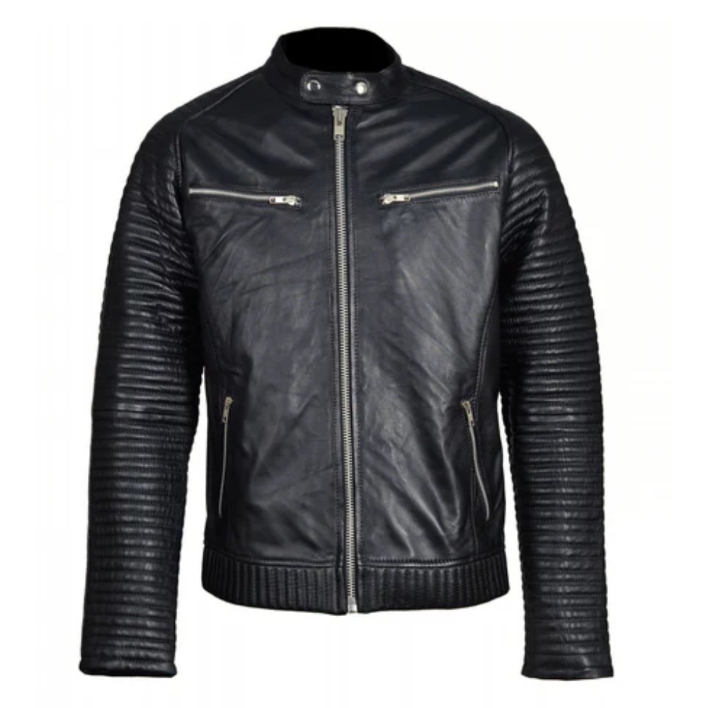 Puller Black Biker Leather Jacket With Ribbed Stitched Sleeves