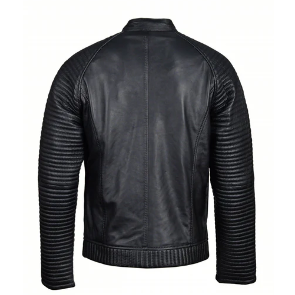 Puller Black Biker Leather Jacket With Ribbed Stitched Sleeves