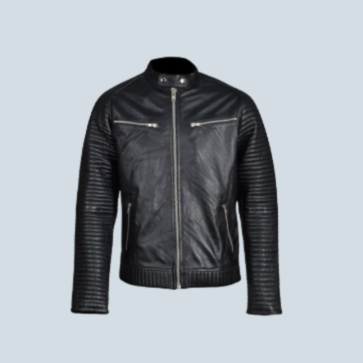 Puller Black Biker Leather Jacket With Ribbed Stitched Sleeves