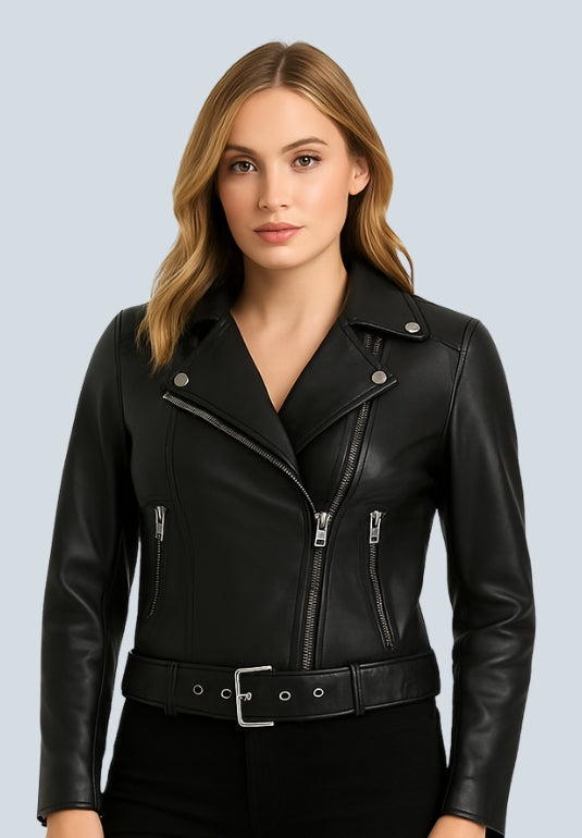 Romesha Black Leather Biker Jacket